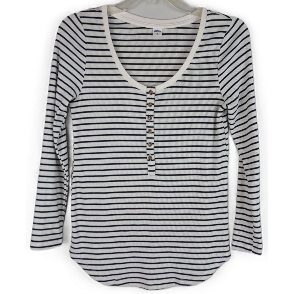 Old Navy Womens M White Black Striped Round Neck Front Buttons Long Sleeve Shirt